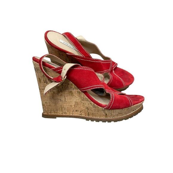 Diane Von Furstenberg DVF 'Julia' Heel in Red Suede Wedge Cork Heels 9.5 - Picture 2 of 11